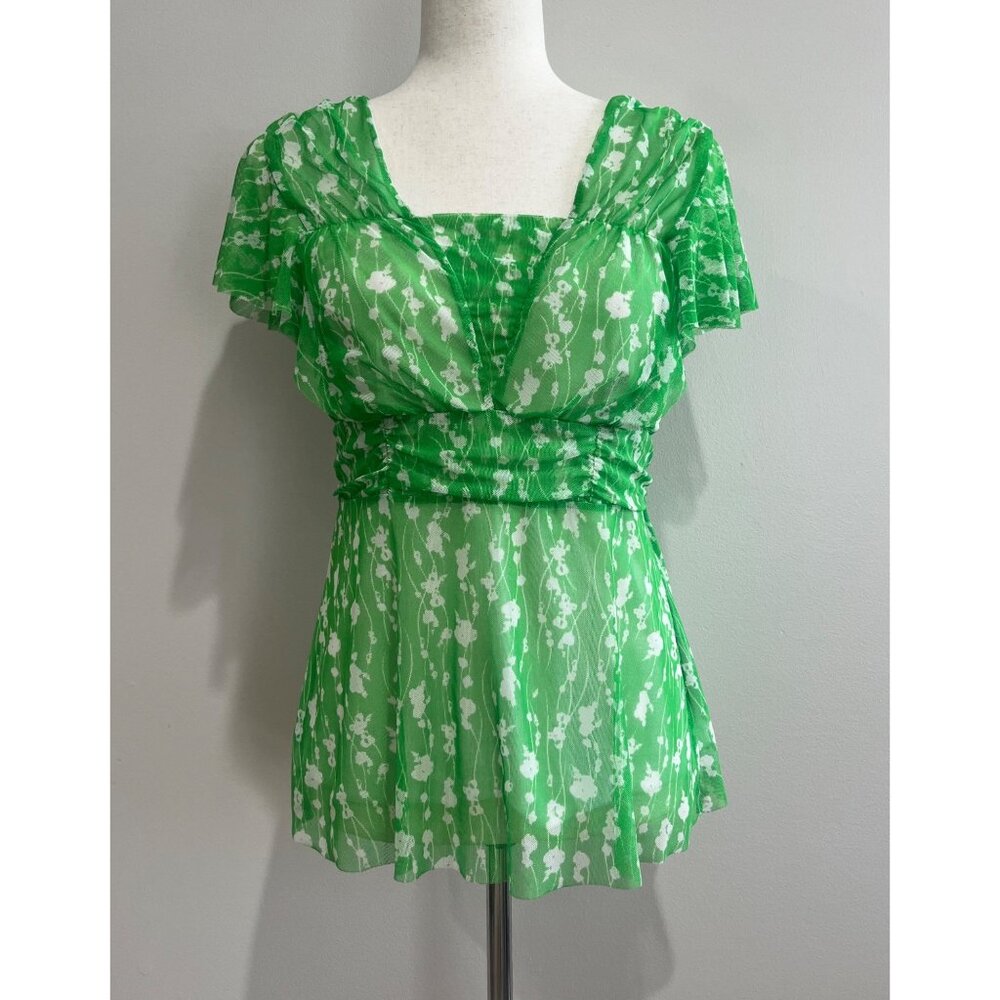 Y2k Chadwicks Babydoll Top Womens S Green Floral Sheer Flutter Sleeve Fairy